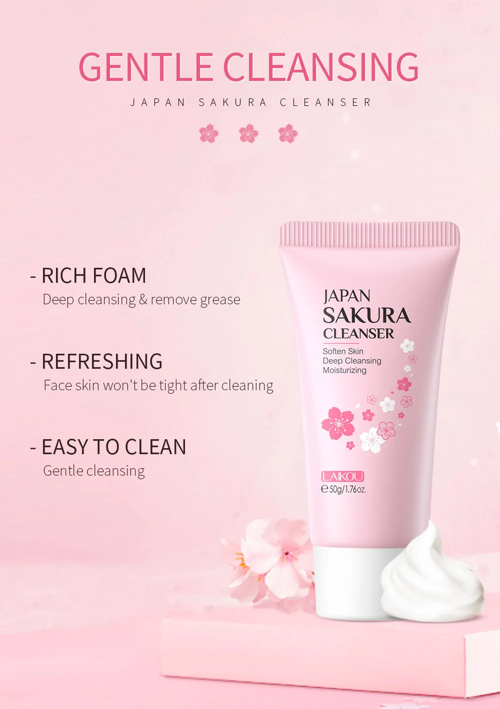 Laikou Japan Sakura Gentle Face Wash Hydrating Oil Control Niacinamide Hyaluronic Acid Daily Facial Cleanser For All Skin Types