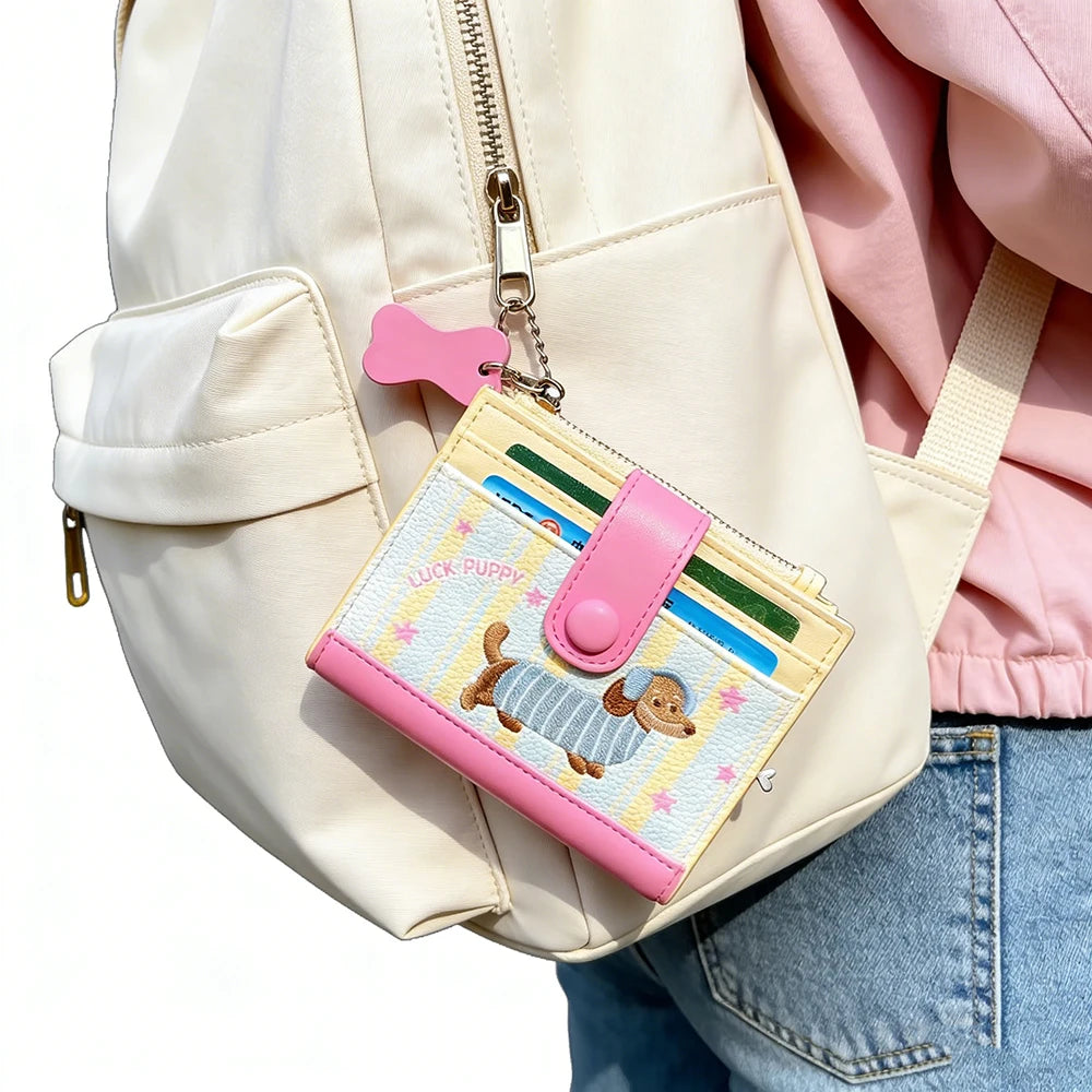 Women Cute Cartoon Embroidery Sausage Dog Wallet Zipper Coin Purse Double Fold Card Holder Wallet Ultra Thin Leather Money Clip
