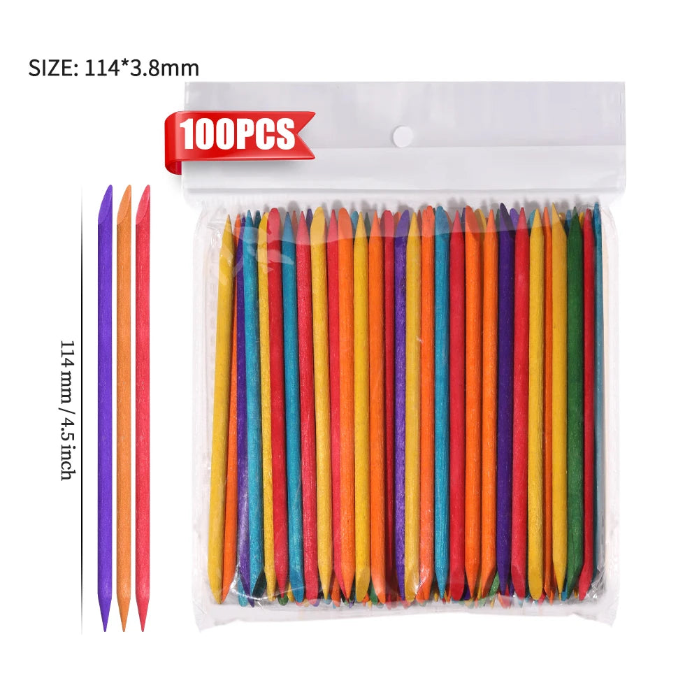 100PCS Cuticle Pusher Remover Nail Art Tools Beechwood Stick Sticks Rhinestones Picker Bead Pusher Manicure Pedicure Care