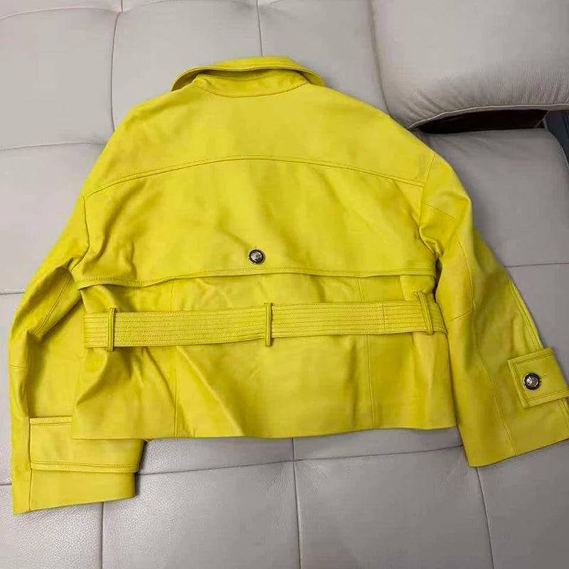 Leather Jacket for Women Spring Double-Breasted Belt Waist Closing Slim Ceket Kadın Imported Sheepskin Loose Short Trench Coat