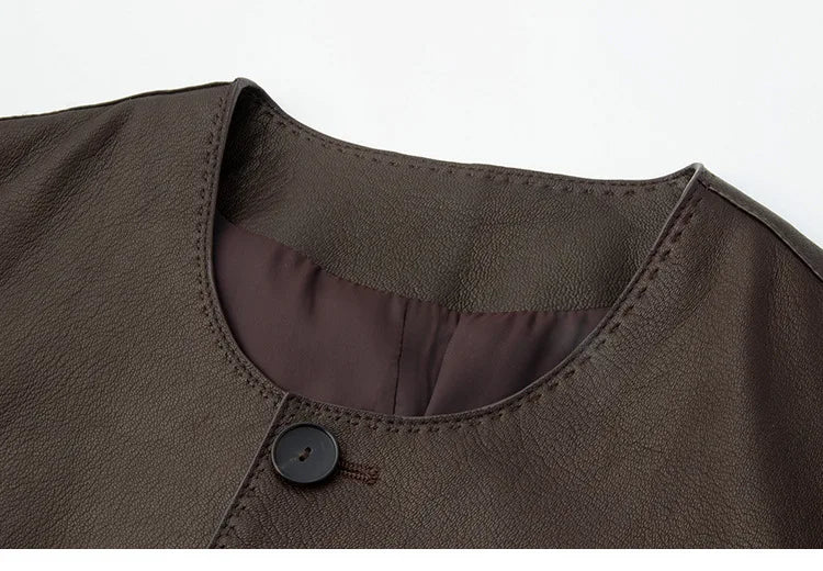 Women's Autumn Clothing European High Quality Sheepskin Casual O-Neck Single-Breasted Coffee Litchi Stria Genuine Leather Jacket