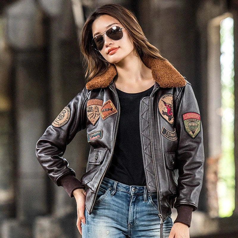 Dark Brown G1 Pilot Leather Jacket Women Military Style Plus Size 3XL Natural Cowhide Autumn Aviation Genuine Leather Coats