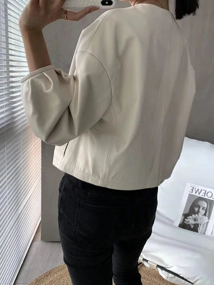 Autumn Puff Sleeve Genuine Leather Jacket Women 100% Sheepskin Collarless Cardigan Casacas Loose Small Short Blouson Cuir Femme