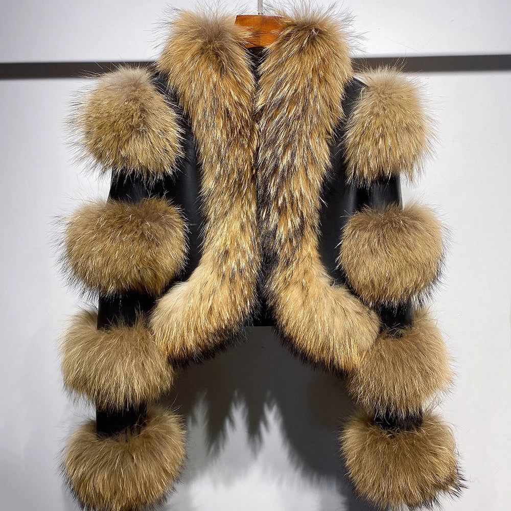 YOLOAgain Women's Natural Fox Fur Jacket Real Leather Cropped Jacket Streetwear