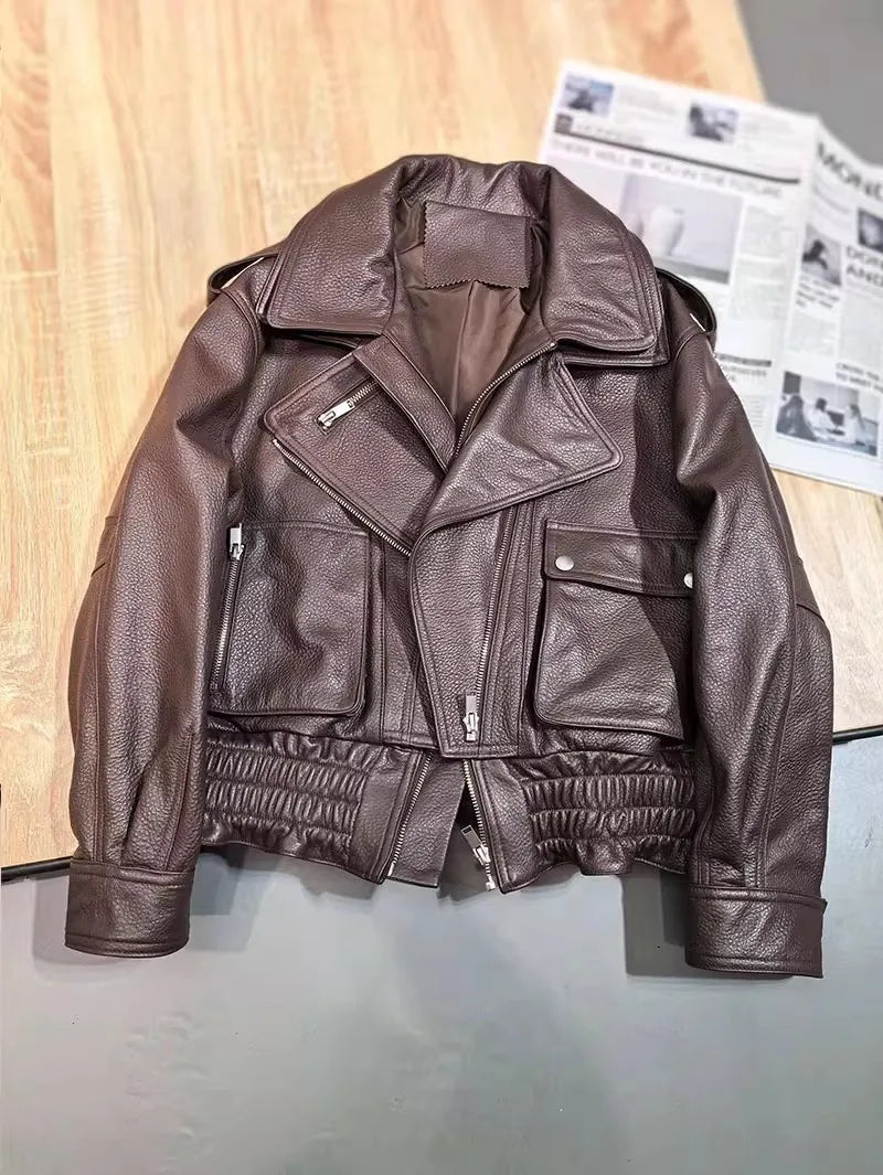 Leather Coat Autumn Winter Women Vintage Fashion Double Collar Lychee Pattern Sheepskin Bubble Leather Zipper Motorcycle Jacket