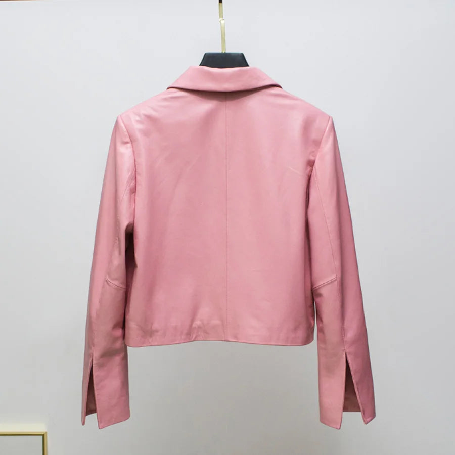 Women Genuine Leather Jacket 2025 Winter Female Square Collar Pocket Single-Breasted Slim Short Coat Mujer Outwear Blazer Kurtki