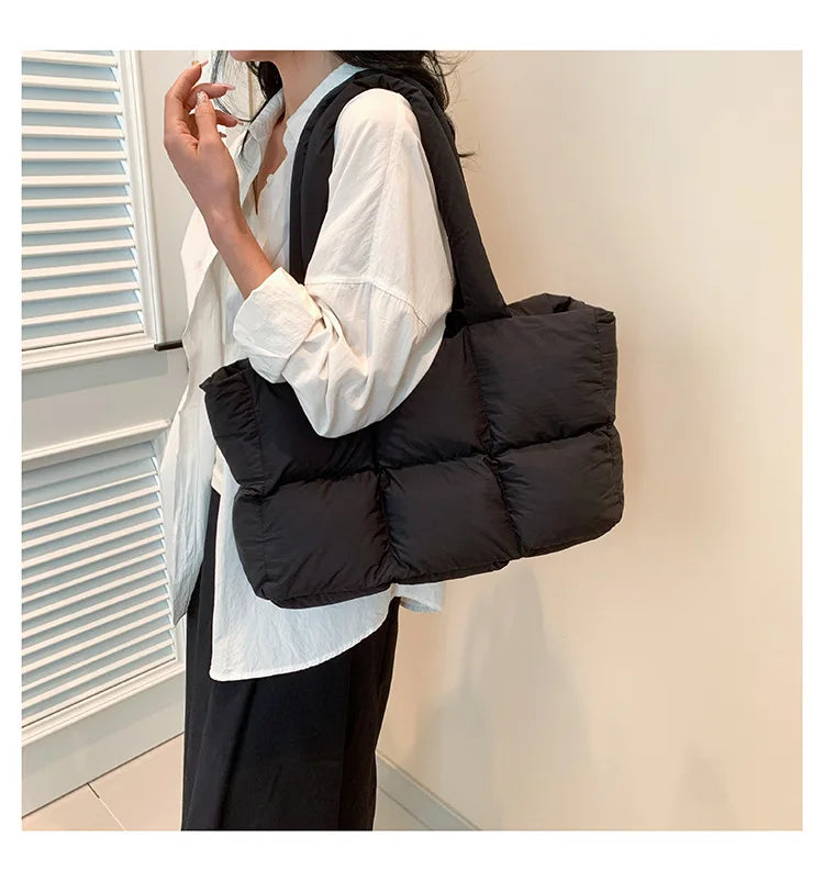 Quilted Plaid Bag Women Tote Handbags Retro Trendy Checkered Waterproof Shoulder Bag Solid Color Winter Soft Large Capacity Bags