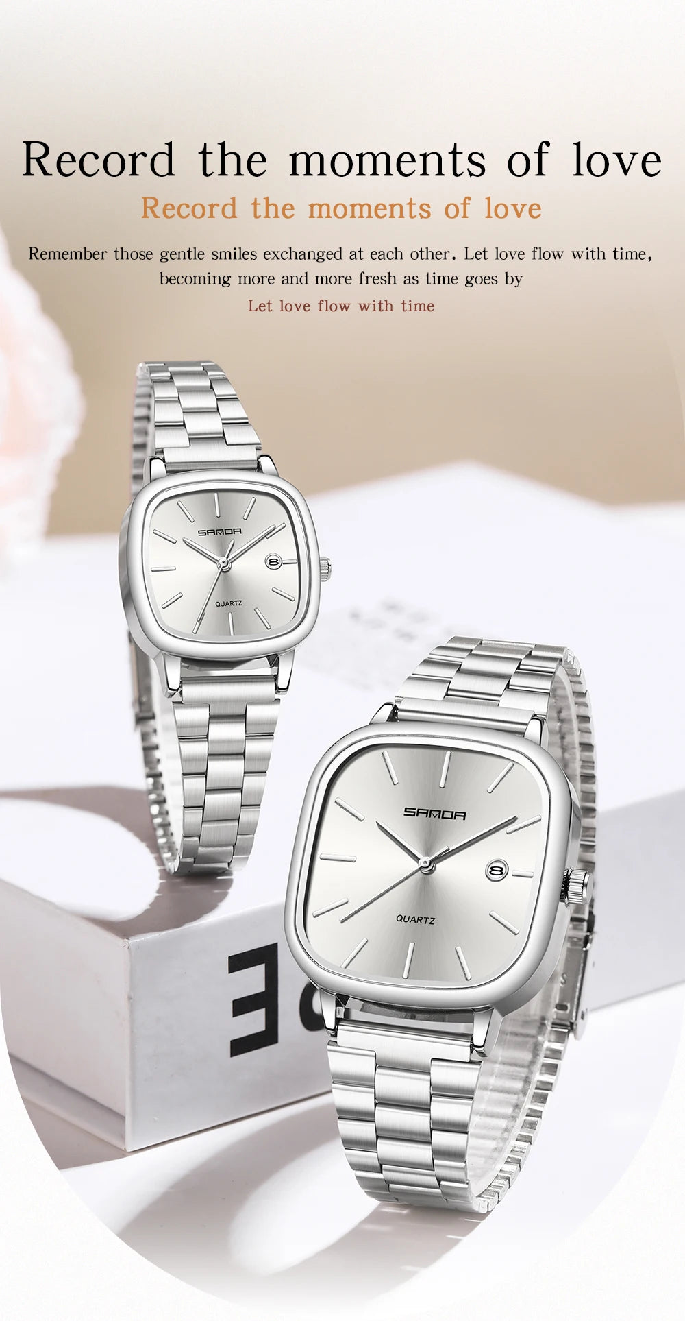 Sanda 2026 Couple Quartz Watch Men's and Women's Square Watch 3ATM Waterproof Calendar Simple and Elegant Women's Watch 3278
