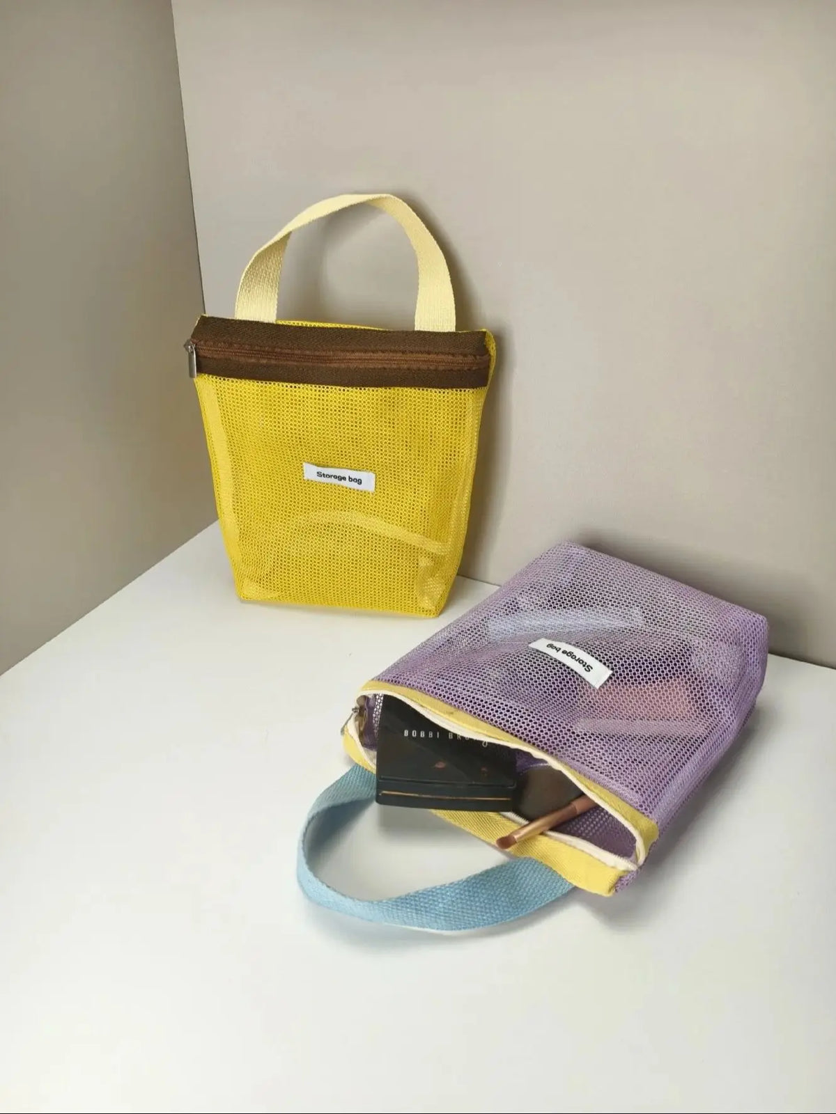 Ins Style Vibrant Bright Color Summer Mesh Tote Bag Small Cosmetic Bag Handbag Foldable Portable Toiletry Bag Women's Beach Bag
