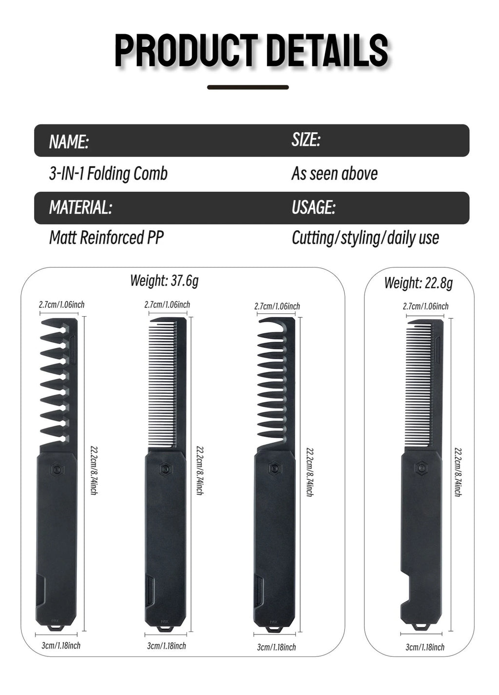 New 1/2/3 in 1 Pocket Folding Combs Plastic Wide Tooth Oil Head Comb Beard Combing Barber Clipper Comb Salon Hair Styling Tools