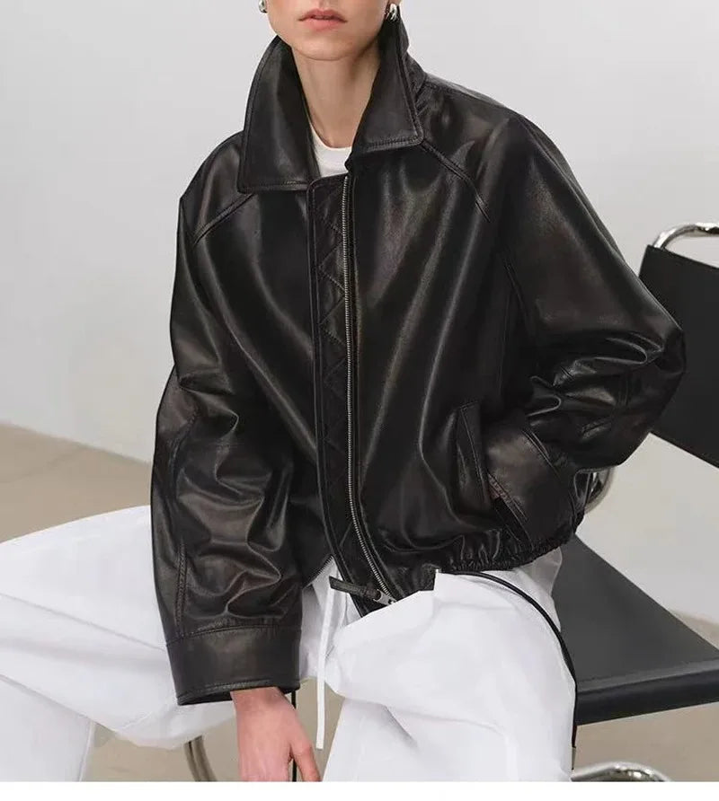 Real Leather Clothing for Women Lapel Drawstring Silhouette Short Coat Female Genuine Sheepskin Balloon Jacket Bomber Femme