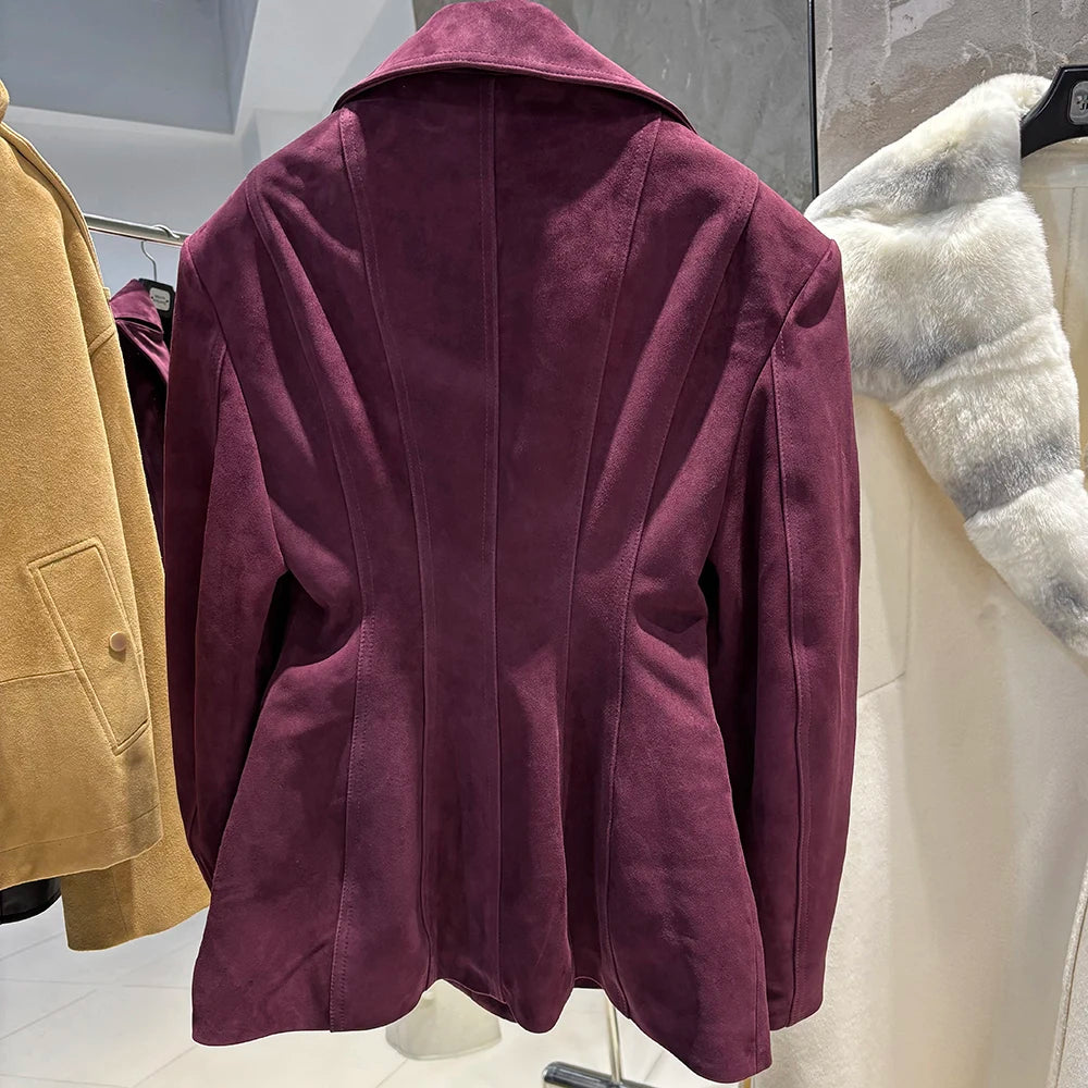YOLOAgain Vintage Suede Blazer Jacket Women Double Breasted Lapel Dark Brown Genuine Sheepskin Leather Jacket Coat Female