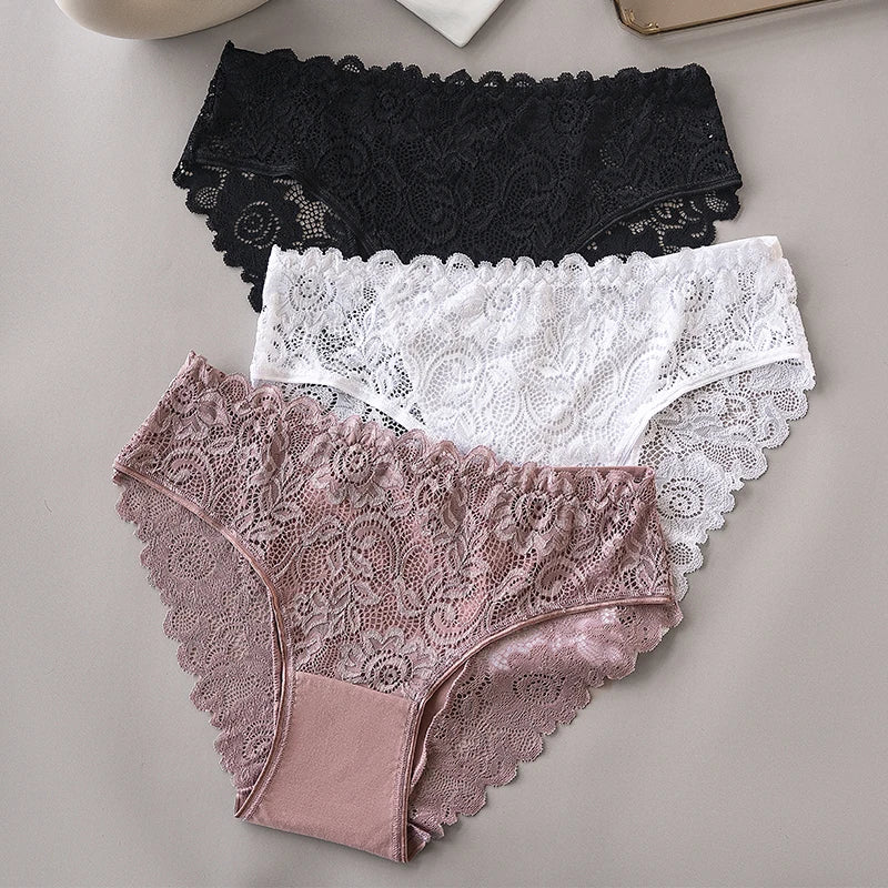 3PCS/Set Luxury Floral Embroidery Lace Panties Women Briefs Sexy Hollow Lingerie Female Underwear Ladies Breathable Underpants