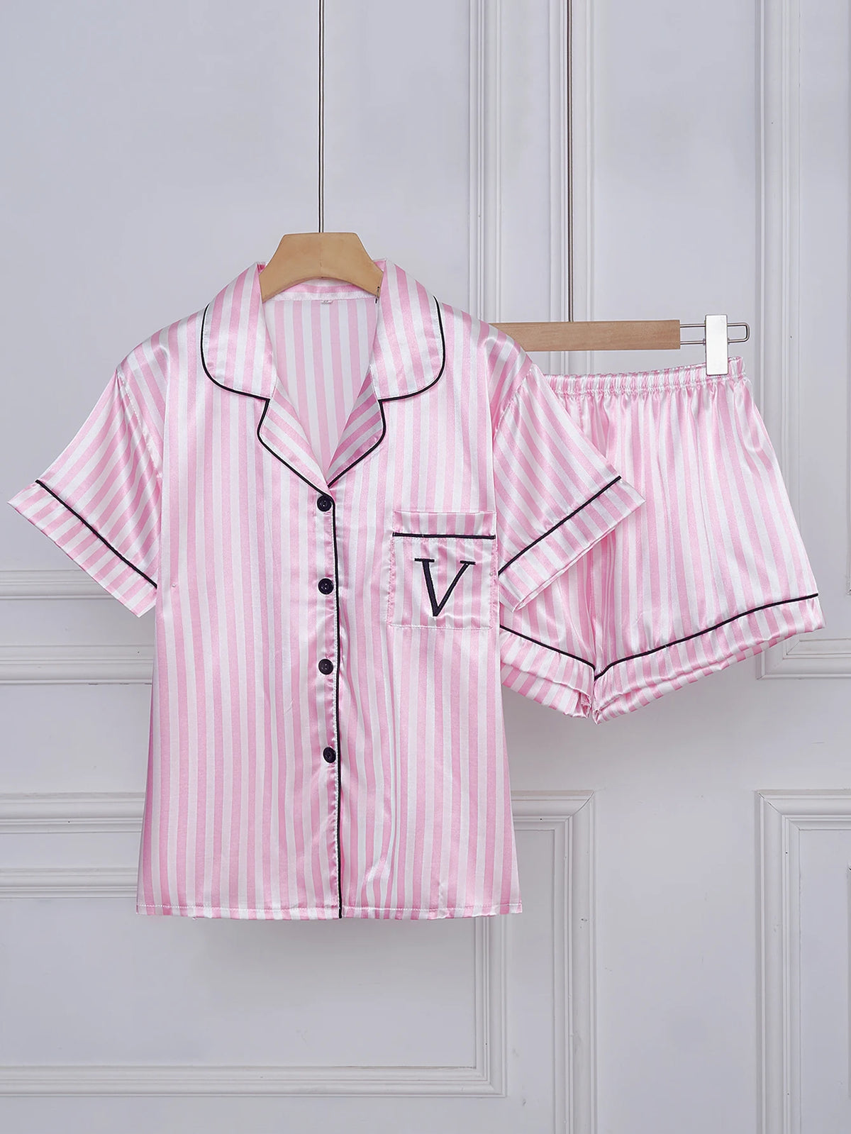 Striped Embroidered Letter Pocket Short Sleeve and Shorts Pajama Set, Casual Satin Sleepwear with Lapel Collar and Button Detail