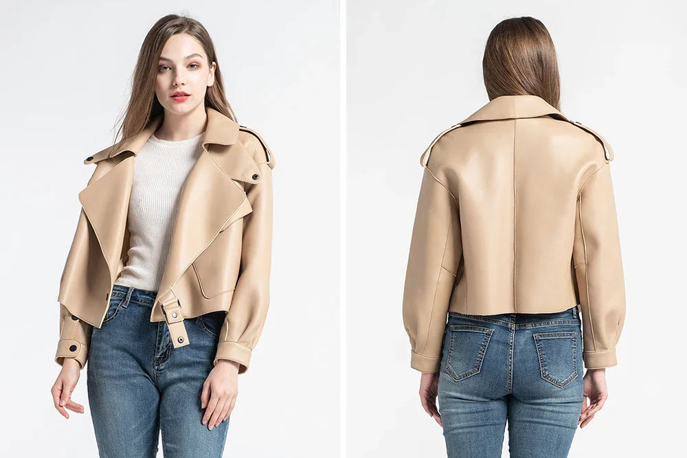 Sheepskin Coat For Women Leather Jacket Winter Spring Moto Biker Genuine Top Quality Black S7547