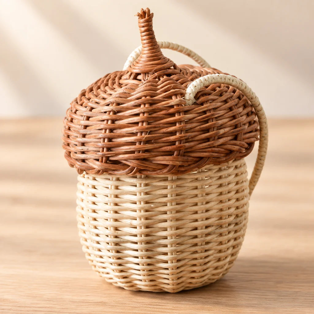 HTMCK New Acorn-shaped Storage Basket Hand-woven Round Rattan Bag Bucket Tropical Beach Style Woven Shoulder Bag Photo Props