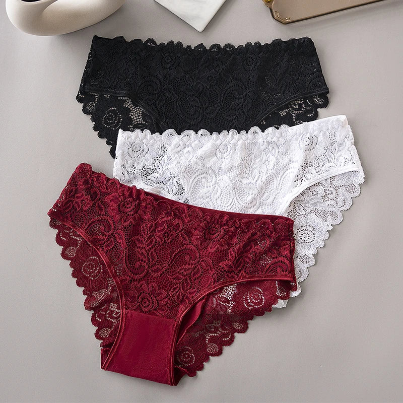 3PCS/Set Luxury Floral Embroidery Lace Panties Women Briefs Sexy Hollow Lingerie Female Underwear Ladies Breathable Underpants