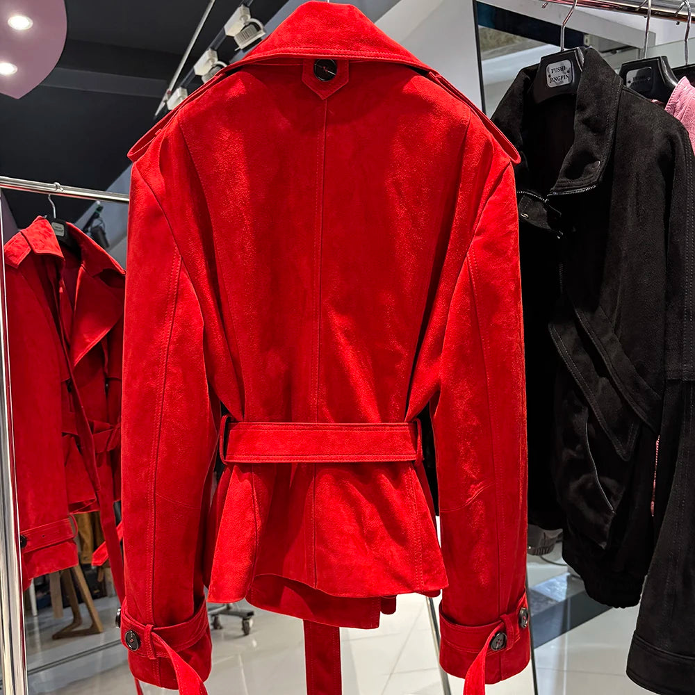 YOLOAgain High Quality Suede Leather Jacket Women With Belt Double Breasted Croc Pattern Jacket Female