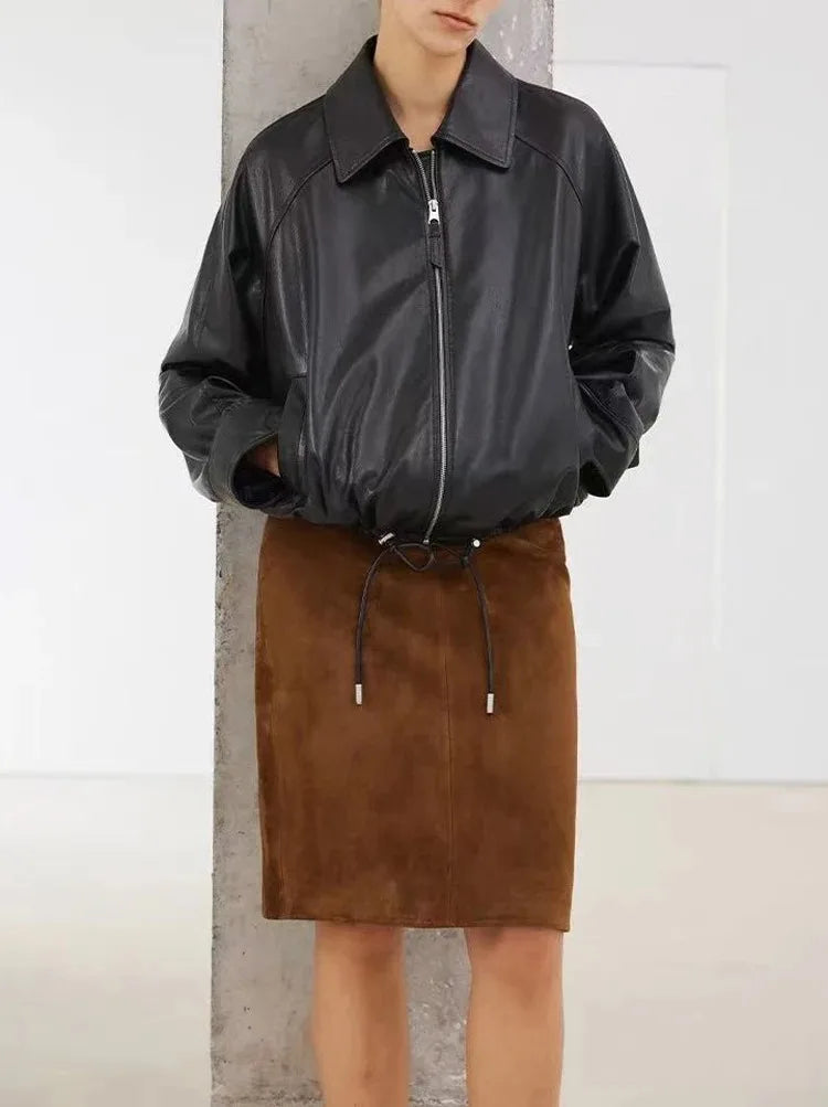Real Leather Clothing for Women Lapel Drawstring Silhouette Short Coat Female Genuine Sheepskin Balloon Jacket Bomber Femme