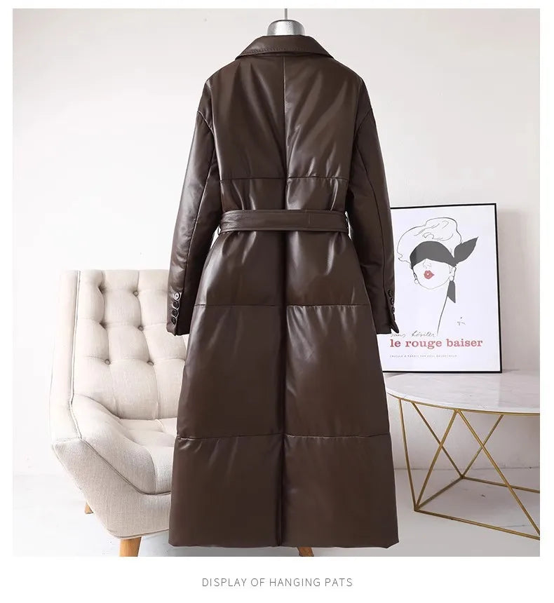 Women's Leather Down Jacket, Loose, Extra Length Design, Goose Down Coat, Suit Collar, Sheepskin Coat, Fashion