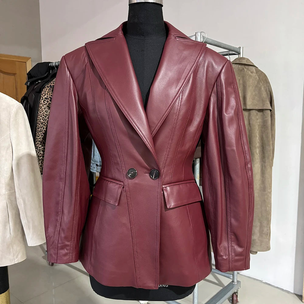 YOLOAgain Vintage Suede Blazer Jacket Women Double Breasted Lapel Dark Brown Genuine Sheepskin Leather Jacket Coat Female
