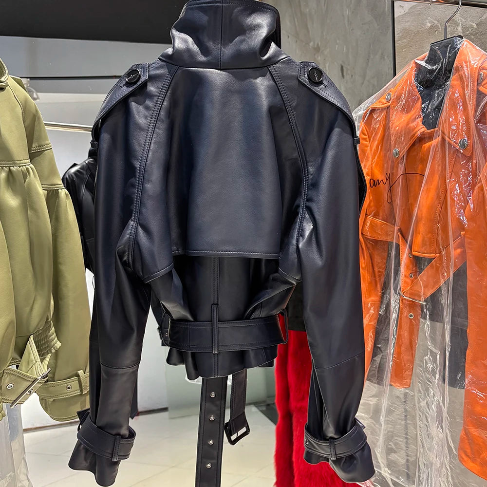 YOLOAgain Funnel Neck Real Leather Jacket Women Double Breasted Suede Jacket With Belt Streetwear