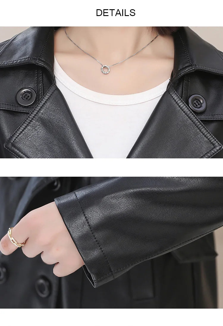 2026 Spring Autumn Sheep Leather Long Trench Coat Women Double Breasted Slim Trench Coat Female Outwear Fashion Windbreaker