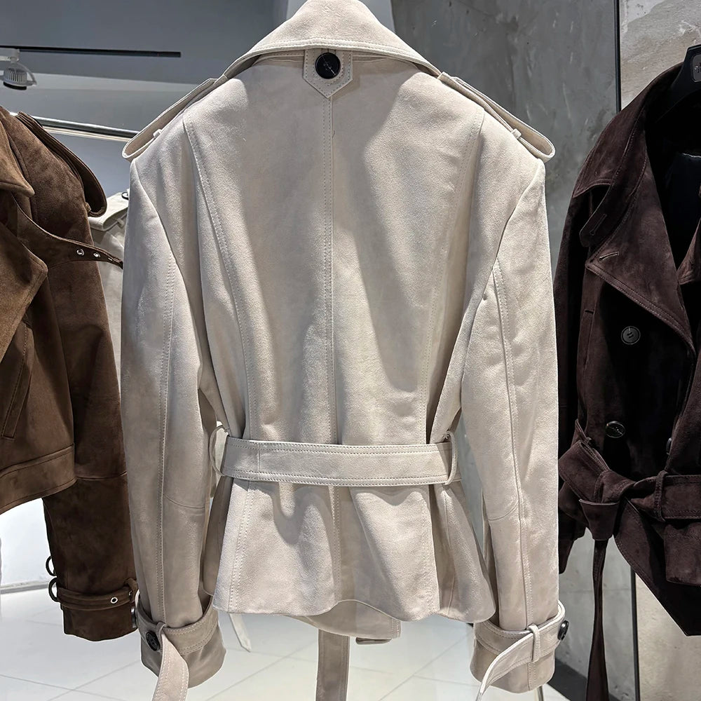 YOLOAgain High Quality Suede Leather Jacket Women With Belt Double Breasted Croc Pattern Jacket Female