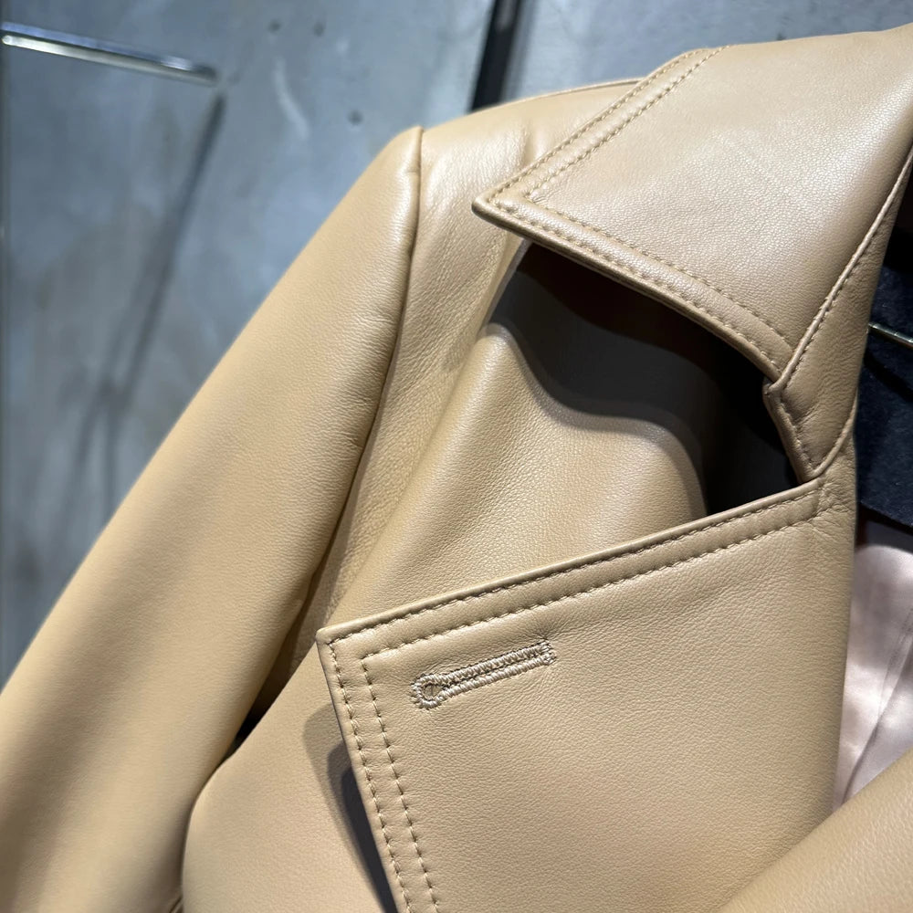 Croc Pattern Real Leather Jacket Autumn Outerwear For Female Cropped Belted Real Sheepskin Jacket