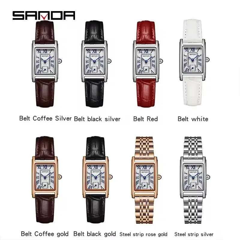 SANDA 1116 Elegant Women's Quartz Watch Casual Rectangular Waterproof Steel Leather Strap Casual Business Women's Watch часы