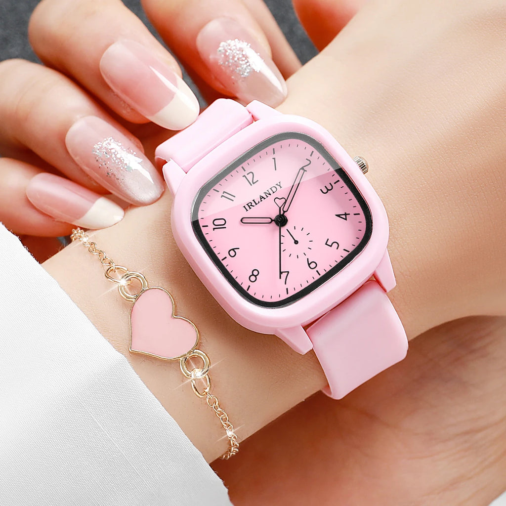 2PCS Fashion Arabic Dial Women Quartz Watch Heart Bracelet Set Square Silicone Strap Wristwatches Reloj Mujer (Without Box)
