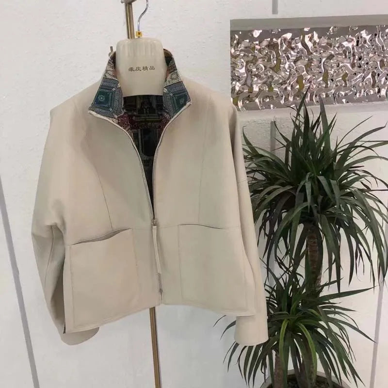 New Fashion 2026 Women Coat Spring Orange Import Real Sheepskin Jacket Floral Pattern Lining Short Length Big Pockets