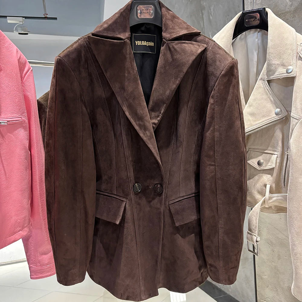 YOLOAgain Vintage Suede Blazer Jacket Women Double Breasted Lapel Dark Brown Genuine Sheepskin Leather Jacket Coat Female