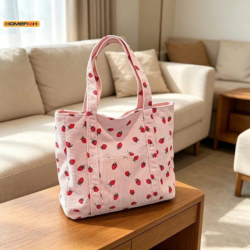 HOMEFISH Corduroy Strawberry Handbag Large Capacity Women Tote Bag Versatile Shoulder Commuter Beach Bag