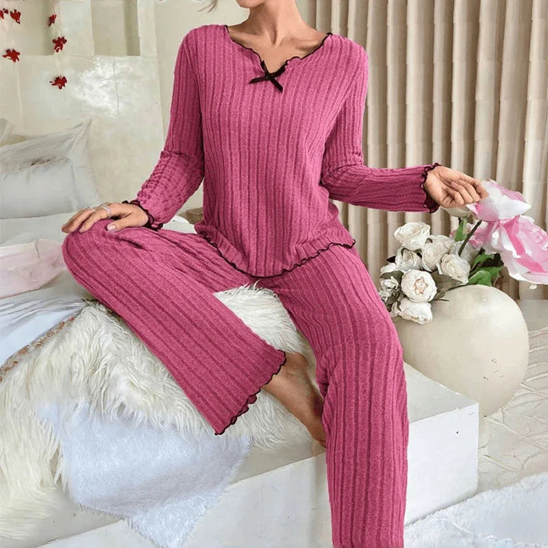Women Ribbed Pajama Set V Neck Bow Long Sleeve Pants Soft Loungewear Two Piece Sleep Suit Daily Home Bedroom Casual Night Wear