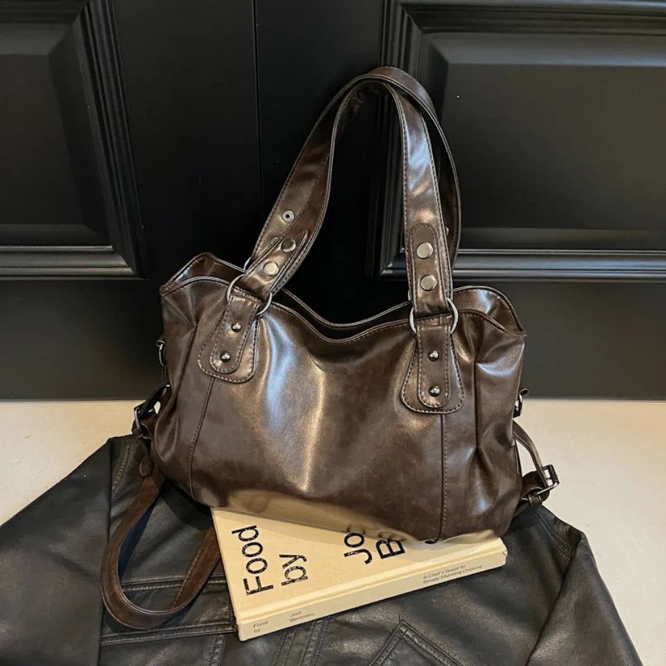Retro Large Capacity PU Shoulder Bag for Women, Classic Solid Color Crossbody Tote Bag with Roomy Style