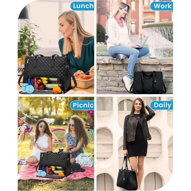 Women Large Capacity Insulated Lunch Tote Bag PU Leather Quilted Shoulder Bag Work Travel Handbag with small Pouch