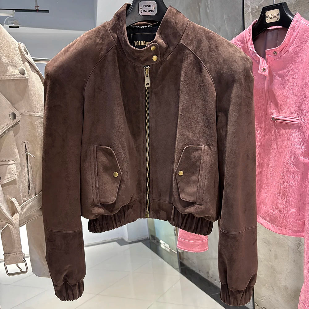 YOLOAgain Suede Leather Jacket Coat Women Real Leather Cropped Jacket Bomber Jacket