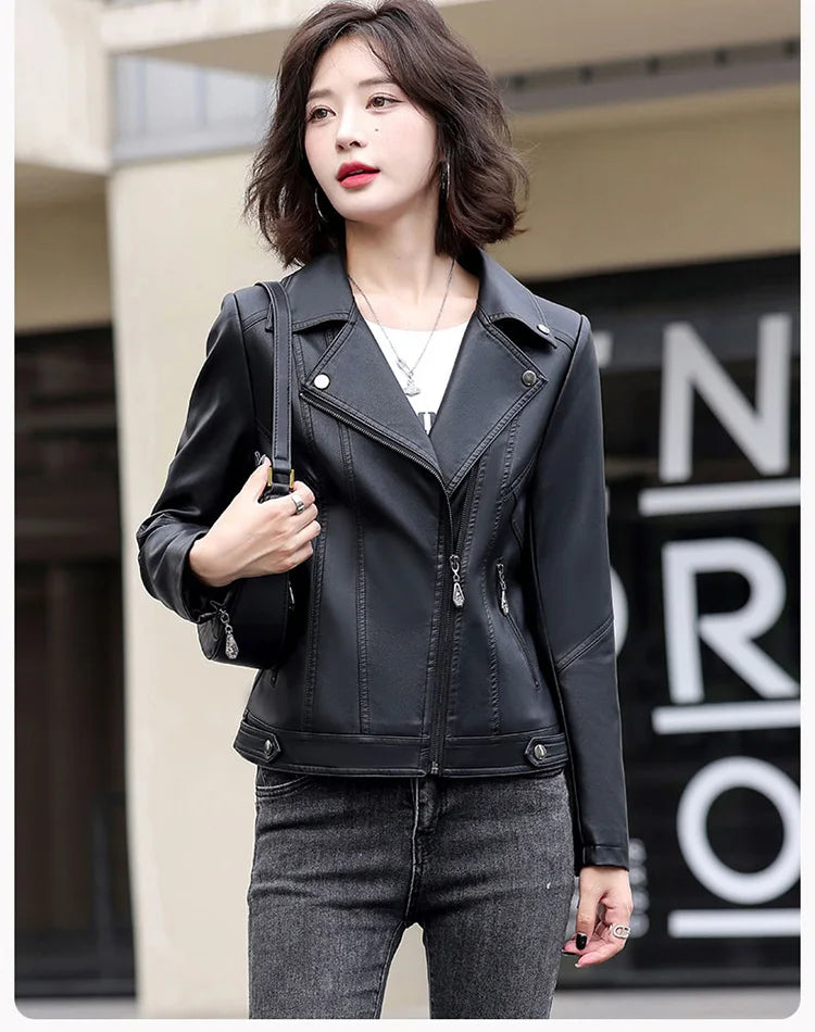 New Women Spring Autumn Leather Jacket Fashion Suit Collar Long Sleeve Motorcycle Jacket Casual Short Biker Coat Split Leather
