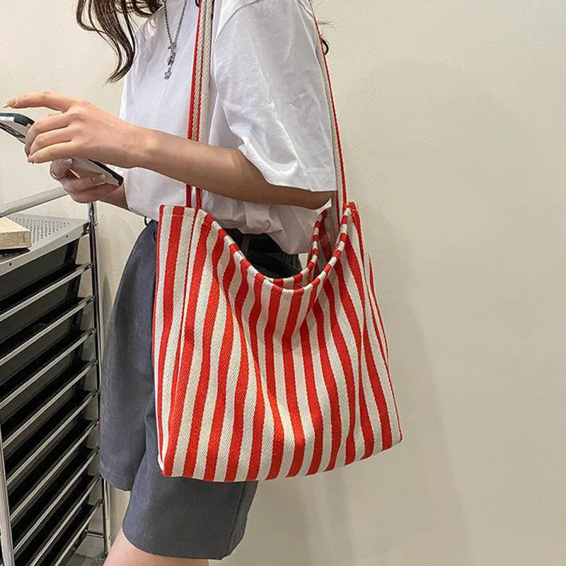 Large Capacity Korean Style Stripe Canvas Tote Bag Female Casual Simple Shoulder Bags Shopping Handbag Daily Totes Bag