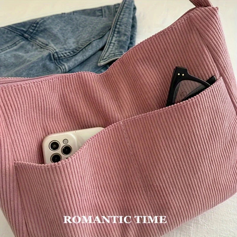 Women’s Corduroy Shoulder Bag, Casual Striped Large Capacity Tote with Zipper Closure, Cute Hat Patch, Perfect for Everyday Use