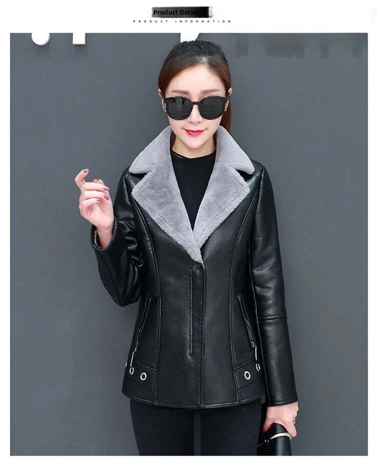 Women's Biker Style Thickened Short Leather Jacket Autumn Winter Street Fashion PU Material Versatile Outerwear Coat