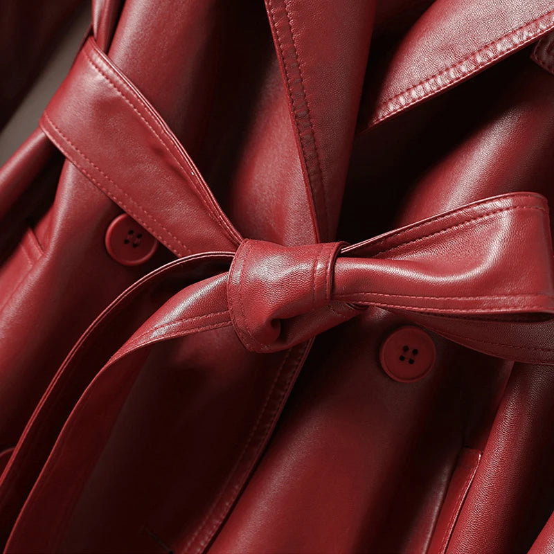Vintage Wine Red Women's Split Sheep Leather Trench Coats Fashion Double-breasted Lace-up Belt Ladies Mid Long Sheepskin Outwear