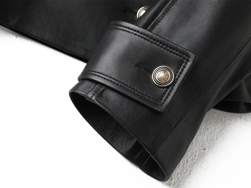 Leather Jacket for Women Spring Double-Breasted Belt Waist Closing Slim Ceket Kadın Imported Sheepskin Loose Short Trench Coat