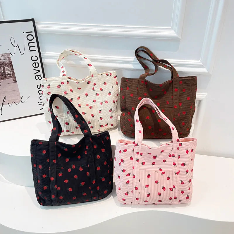 Corduroy Handbag Strawberry Print Beach Bag Fashion Large Capacity Tote Bag for Women Versatile Commuter Shoulder Bag Bolsos