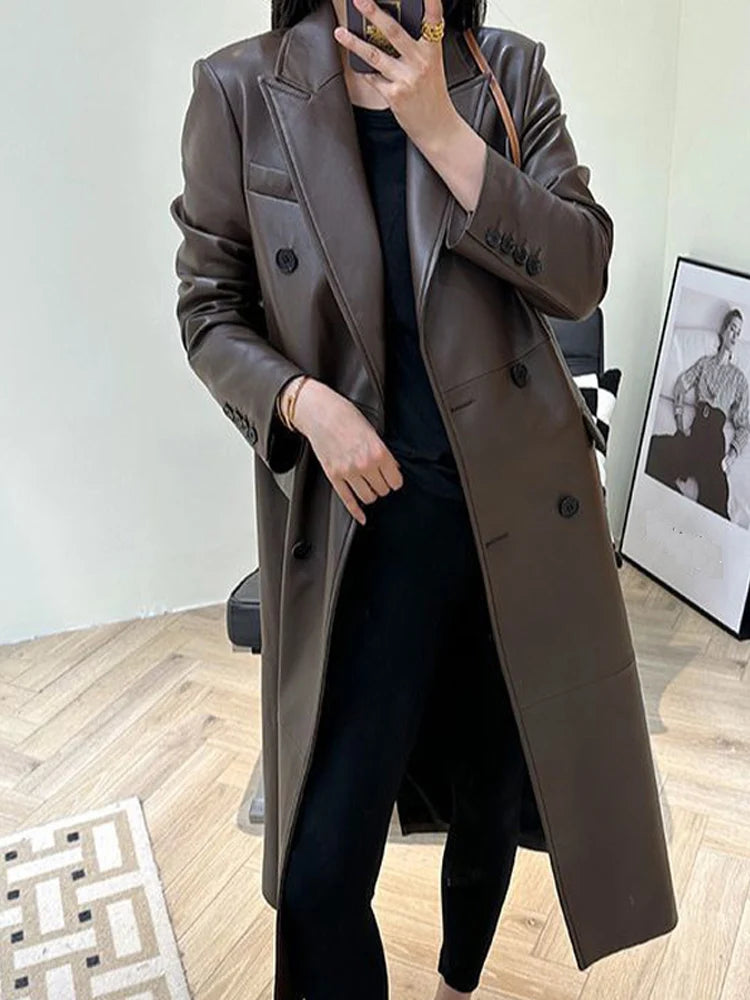 LUXURY Leather Outer Garment Women 2026 Suit Collar Double-Breasted Black Coffee Long Coat Women Streetwear Gabardina de Mujer