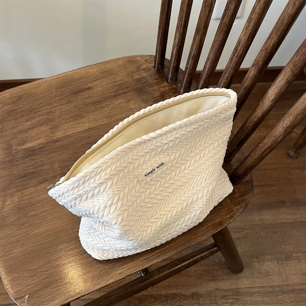Handwoven Cotton Makeup Bag – Artistic Crochet Cosmetic Pouch with Zipper, Minimalist Clutch for Women