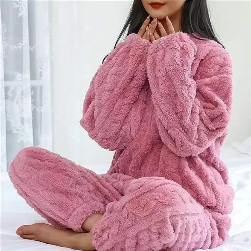 Autumn Ladies Plush Fluffy Cozy Tracksuit Relax Loose Home Loungewear Suit For Weekend Rest Xmas Eve Casual Household Wear