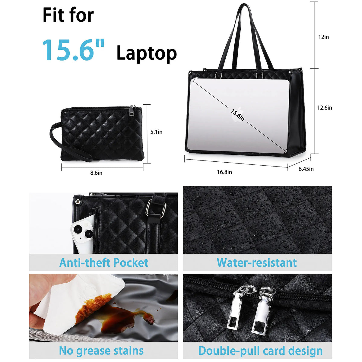 Women Large Capacity Insulated Lunch Tote Bag PU Leather Quilted Shoulder Bag Work Travel Handbag with small Pouch