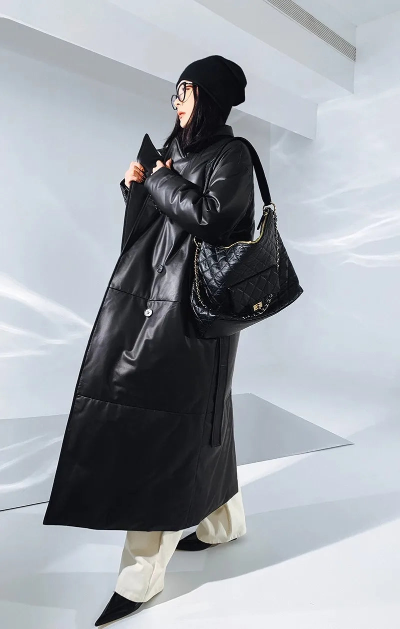Women's Leather Down Jacket, Loose, Extra Length Design, Goose Down Coat, Suit Collar, Sheepskin Coat, Fashion